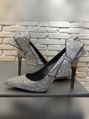 INC International Concepts Black & Silver Rhinestone Bow Stiletto Pumps Size 8M